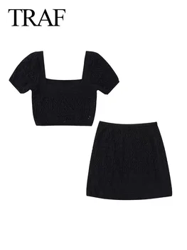 TRAF, Однотонные пуловеры с квадратным воротником, вязаные крючком, с коротким рукавом, вязаные мини-юбки с эластичным поясом, комплекты летних женских юбок