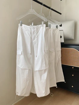 Женские винтажные спортивные брюки Harajuku со свободным шнурком, белые брюки-карго, мешковатая уличная одежда Y2k, длинные брюки в стиле гранж, эстетика 2000-х годов