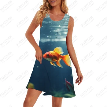 Женское летнее платье с 3D-принтом в виде подводной золотой рыбки, модное свободное платье, повседневное комфортное платье, одежда для девочек