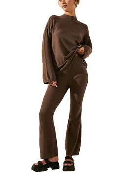 Комплект женской одежды из двух предметов, трикотажные топы с имитацией горловины с длинным рукавом и облегающие брюки, комплект одежды для отдыха