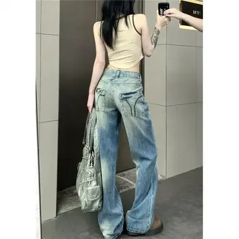 Мешковатые джинсы, женские джинсы с высокой талией, винтажная уличная одежда, джинсовые брюки в стиле пэчворк, широкие штанины, Дизайнерская весенняя мода 2023 года, Корейский V618
