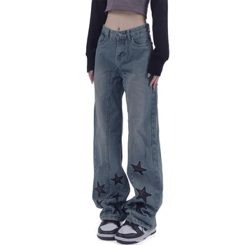 Новая уличная одежда, женские джинсы, одежда Y2k, джинсовые панталоны с пентаграммой, женские шикарные трендовые прямые широкие брюки mujer