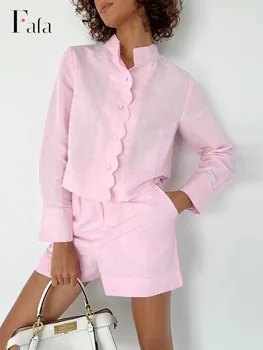 Розовые комплекты с хлопковыми льняными шортами, женские Элегантные рубашки со стоячим воротником и горячие брюки, костюмы с шортами, Офисная леди 2023 г.