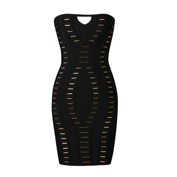 Сексуальное женское мини-эластичное платье без бретелек черного цвета с длинной застежкой-молнией и золотым металлическим бисером для женской одежды