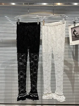 Стильные дизайнерские брюки ХАЙ СТРИТ 2023 Женские леггинсы с жемчугом и бриллиантами, расшитые бисером По низу брюк, с кружевным крючком и цветочной перспективой