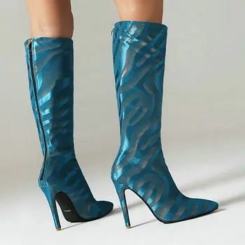 2023 Женские сапоги до колена на тонком высоком каблуке с острым носком, женские сапоги из искусственной кожи с застежкой-молнией сзади, женские ботинки большого размера 47