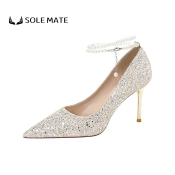 2023 Изящные свадебные туфли на высоком каблуке с блестками и жемчужной цепочкой - идеальный подарок для взрослых на Женскую свадьбу и Торжественные мероприятия