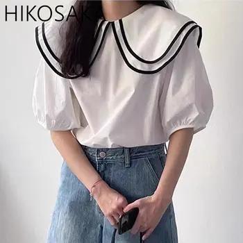 2023 Корейская милая Женская летняя рубашка с пышными рукавами, Темпераментный Контрастный Свободный топ с заплатками, двухслойная блузка с воротником 
