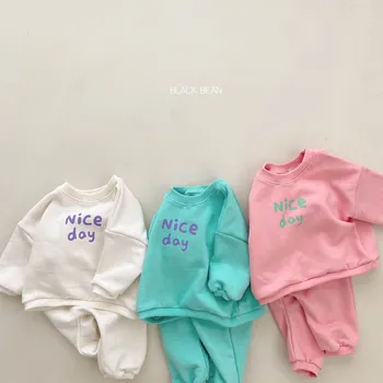 2023 Корейский осенний комплект одежды из 2 предметов для маленьких девочек, Хлопковые топы с длинными рукавами и надписью 
