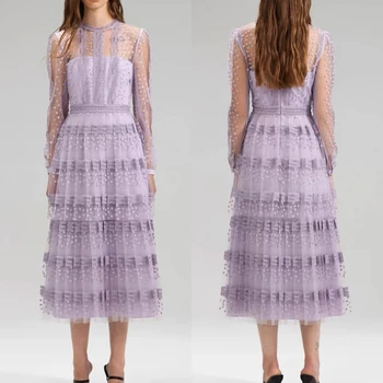 2023 Летнее платье из тюля высшего качества Fairycore Violet с прозрачным длинным рукавом и цветочной вышивкой, Миди-платье из тюля для женщин