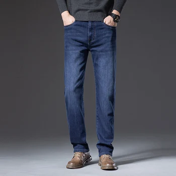 2023 Мужские Осенне-зимние джинсы-стрейч, Мужские Классические джинсы, Высококачественный Мужской Прямой деним Свободного покроя С высокой талией