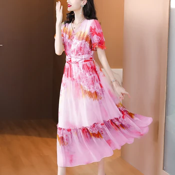 2023 Новое модное шелковое платье с принтом, женское летнее винтажное платье с V-образным вырезом и коротким рукавом свободного кроя, повседневное праздничное платье Vestidos