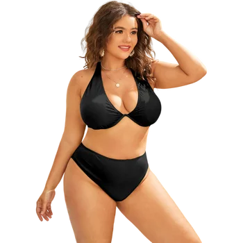 2023 Новый женский купальник-двойка больших размеров, однотонная пляжная одежда с эффектом пуш-ап, плавательные костюмы