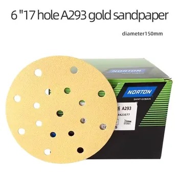 6-дюймовая желтая сухая шлифовальная бумага Norton A293 с 17 отверстиями, автокраска, шпаклевка, круглый флокированный самоклеящийся песок