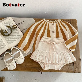 Botvotee/ Комплект одежды для маленьких девочек 2023, осенние повседневные детские комплекты, Модный полосатый свитер, кардиган и трикотажные шаровары, костюм для девочек из 2 предметов