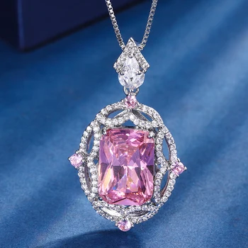 EYIKA Ретро Полая конструкция Квадратное ожерелье с подвеской из розового кристалла, ожерелье из лабораторного аквамаринового камня, украшения для свадебной вечеринки для женщин