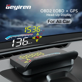 GEYIREN HUD Head Up Дисплей Auto OBD2 GPS Двухсистемный Проектор для Автомобильного Стекла Охранная Сигнализация Температуры Воды Электронные Аксессуары