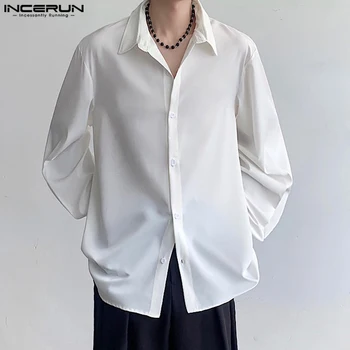 INCERUN Топы 2023, Мужские однотонные рубашки с простым ремешком в корейском стиле, Стильные мужские удобные блузки с длинными рукавами, хит продаж, S-5XL