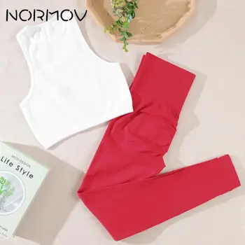 NORMOV / Спортивные комплекты в рубчик, Летние бесшовные комплекты для йоги, трикотажные тренировочные костюмы из 1/2 частей, леггинсы с высокой талией, укороченные топы, одежда для спортзала.
