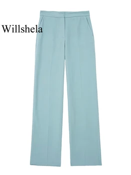 Willshela Женские модные синие Прямые брюки на молнии спереди, винтажные женские шикарные брюки полной длины с высокой талией