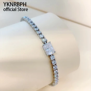 YKNRBPH S925 Серебряный теннисный прямоугольный браслет с муассанитом, 6 × 8 мм, с бриллиантами в стиле хип-хоп для мужчин или женщин