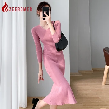 ZEEROMER 2023 Осеннее Корейское Элегантное Однотонное Трикотажное платье Русалки, женское платье Миди с V-образным вырезом и длинным рукавом, тонкий Шикарный свитер, Vestidos