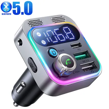 Автомобильный громкой связи Bluetooth 5.0 FM-передатчик Автомобильный комплект MP3-модулятор Плеер Аудиоприемник громкой связи 48 Вт USB Type C Быстрое зарядное устройство
