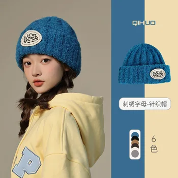 Акриловая шляпа с нашивкой в виде Корейской буквы, женская Осенне-зимняя Защита ушей, шляпы с черепом, повседневная универсальная вязаная шапочка-бини на открытом воздухе