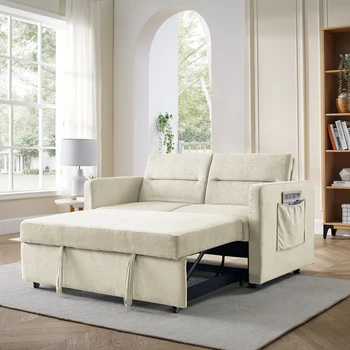 Бежевый диван-кровать Loveseats с выдвижной кроватью, съемной спинкой и двумя карманами для рук, (54,5 “x33” x31,5“)