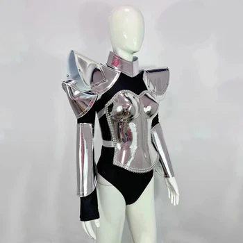 Боди Future Sense Silver Armor для танцовщицы, сценический костюм, комбинезон из искусственной кожи, одежда для трансвеститов, карнавальная рейв-одежда