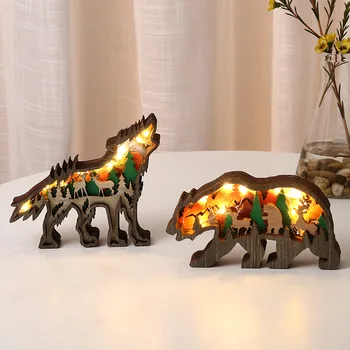 Деревянные 3D украшения в виде животных со светодиодной подсветкой, Украшение для Рождественского подарка, резьба по дереву для животных, Домашний Деревянный многослойный ажур