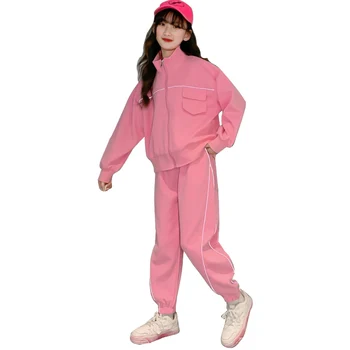 Детская одежда принцессы, Розовый Спортивный костюм для девочек, куртки на молнии + спортивные штаны, спортивный костюм со светоотражающими полосками, Комплекты из двух предметов