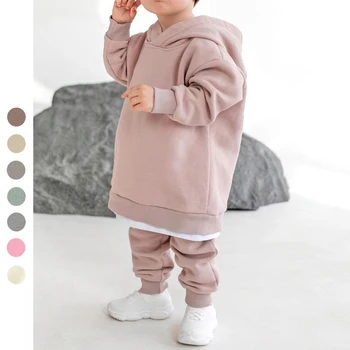 Детская Флисовая зимняя одежда, однотонная хлопковая толстовка с капюшоном + брюки, 2 предмета, костюм для малышей, комплекты повседневной теплой одежды для мальчиков и девочек