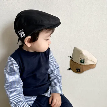 Детский берет 23 с цифровой вышивкой, Регулируемая детская кепка в японском ретро стиле, Повседневная Универсальная детская шляпа газетчика