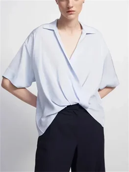 Женская блузка с перекрестной складкой и V-образным вырезом 2023, ранняя осень, новые женские рубашки из 100% шелка с отложным воротником и коротким рукавом, однотонные рубашки из 100% шелка