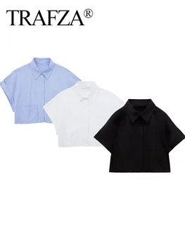 Женская летняя приталенная блузка TRAFZA 2023, Однотонный отложной воротник, карманы, Короткий рукав, Однобортные женские повседневные рубашки
