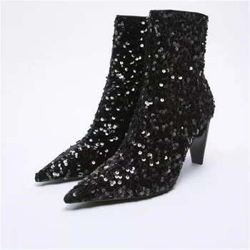 Женская обувь из ткани с блестками, женские черные полусапожки с острым носком, Женские дизайнерские ботинки на высоком каблуке, сшитые вручную, Chassure Femme