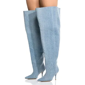 Женские джинсовые сапоги для подиума, модные туфли на высоком каблуке с острым носком, Пикантные женские ботинки без застежки в звездном стиле, 2023 г.