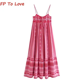 Женское длинное платье в стиле пэчворк, вязаное крючком, Розовое, PB & ZA, сексуальное, с кисточками, на бретельках, с открытой спиной, французский винтажный пляжный наряд