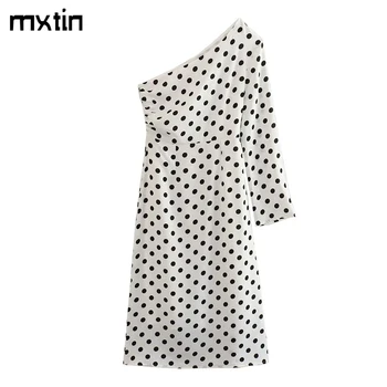 Женское летнее модное платье Миди с принтом в горошек, винтажные асимметричные складки с длинными рукавами, женские вечерние повседневные шикарные платья Mujer