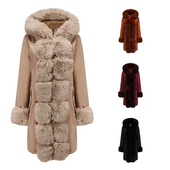 Зимняя куртка для женщин, Новые парки с хлопковой подкладкой, Свободный крой, Съемный меховой воротник, рукав средней длины, Однотонные теплые пальто с капюшоном