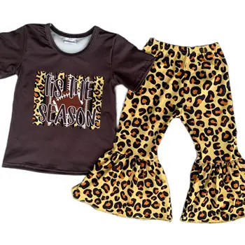 Классический комплект с леопардовым принтом, летняя одежда для девочек из бутика, расклешенные брюки с коротким рукавом, комплект из 2 предметов