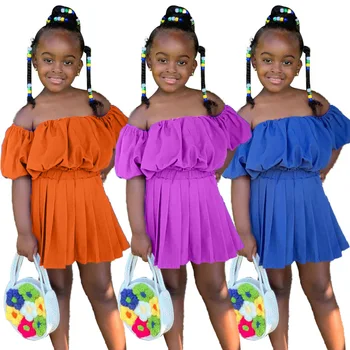 Комплект юбок для девочек, Рубашки с пышными рукавами Без плеч, Детская Одежда из двух предметов для девочек 2, 3, 4, 5, 6, 7 лет, Летние Детские Костюмы, Комплект