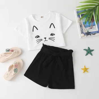 Комплекты хлопковой одежды для девочек из 2 предметов, летняя футболка, детские комплекты, детская одежда с рисунком кота, костюм, шорты, наряды от 3 до 7 лет