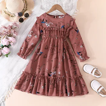 Корейская версия модной простой юбки трапециевидной формы, весенне-осеннее платье с длинными рукавами в цветочек для милой девочки, платье для девочек, детская одежда