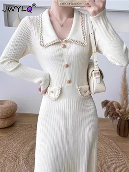 Корейское модное трикотажное платье с тонким воротником Поло и длинным рукавом, Элегантное Стрейчевое платье Миди, Осенне-зимнее платье-свитер Для женщин 2023