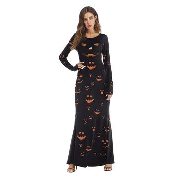 Костюм на Хэллоуин, платья с забавным принтом тыквы, макси-платье с длинным рукавом, женская одежда, уличная одежда