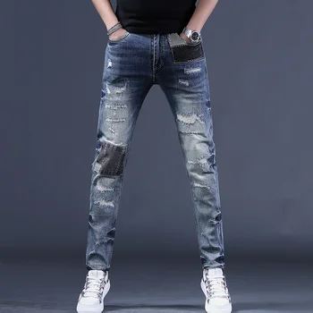 Летние синие рваные джинсы в стиле пэчворк, мужские повседневные прямые брюки приталенного кроя, уличная одежда, джинсовые брюки
