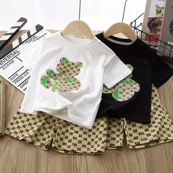 Летний детский комплект с хлопковым мишкой 2023 года, детские шорты с коротким рукавом, летняя детская одежда для мальчиков и девочек