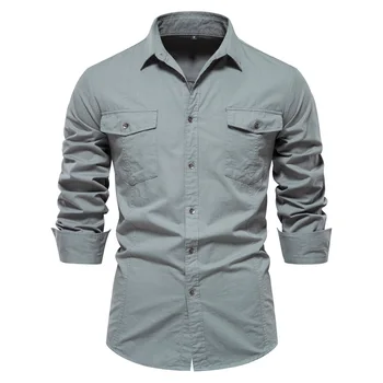 Мужская повседневная рубашка с карманами из 100% хлопка, Однотонные Тонкие Мужские рубашки с длинным рукавом, Осенний военный топ в корейском стиле для мужчин 2023 года.
